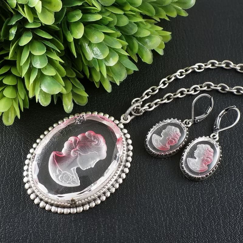Earrings and Necklace Clear Pink Glass Lady Girl Intaglio Cameo Jewelry Set Gift
