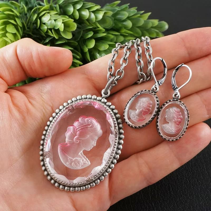 Earrings and Necklace Clear Pink Glass Lady Girl Intaglio Cameo Jewelry Set Gift