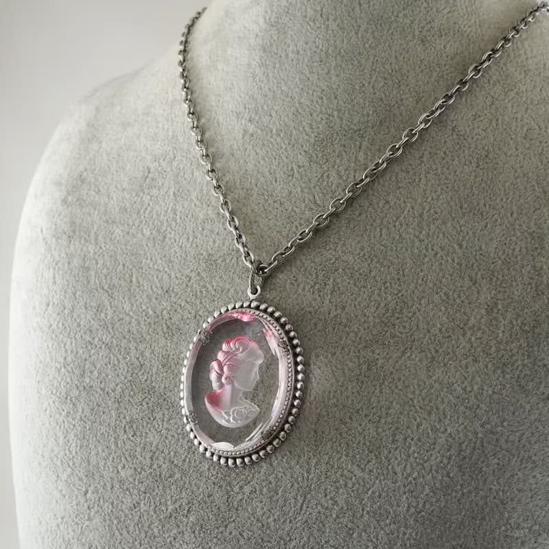 Earrings and Necklace Clear Pink Glass Lady Girl Intaglio Cameo Jewelry Set Gift