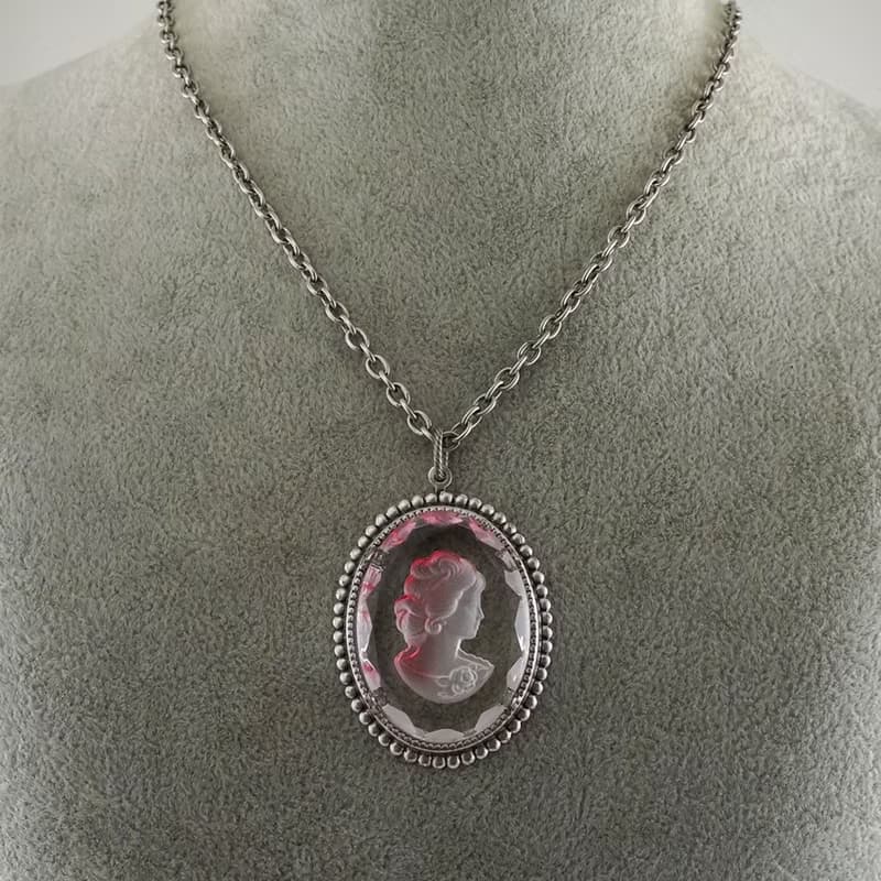 Earrings and Necklace Clear Pink Glass Lady Girl Intaglio Cameo Jewelry Set Gift