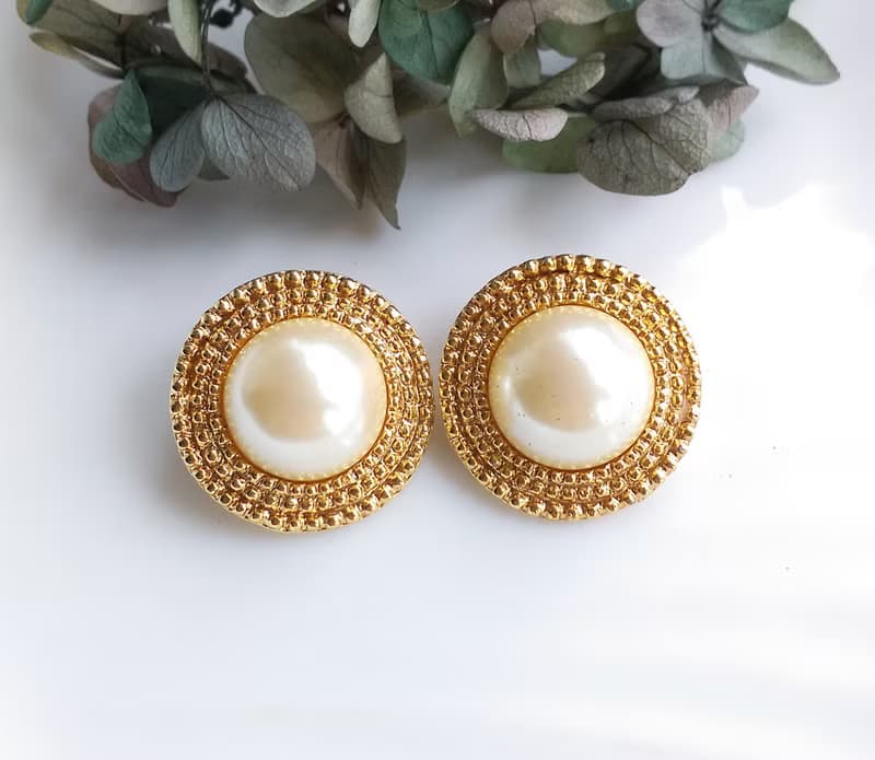 【西洋古董飾品 】金色調  優雅仿珠 金繩紋 夾式耳環