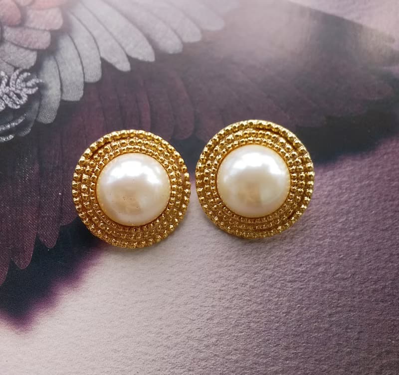 【西洋古董飾品 】金色調  優雅仿珠 金繩紋 夾式耳環