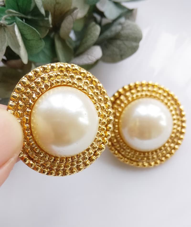 【西洋古董飾品 】金色調  優雅仿珠 金繩紋 夾式耳環