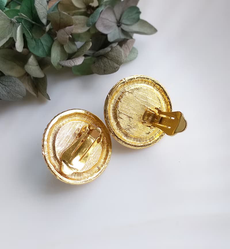 【西洋古董飾品 】金色調  優雅仿珠 金繩紋 夾式耳環