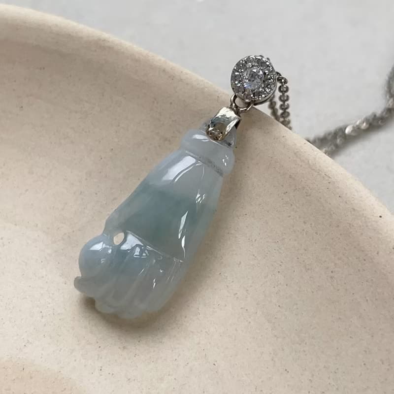 冰種飄藍花翡翠佛手 925純銀墜頭 | 天然緬甸玉翡翠A貨