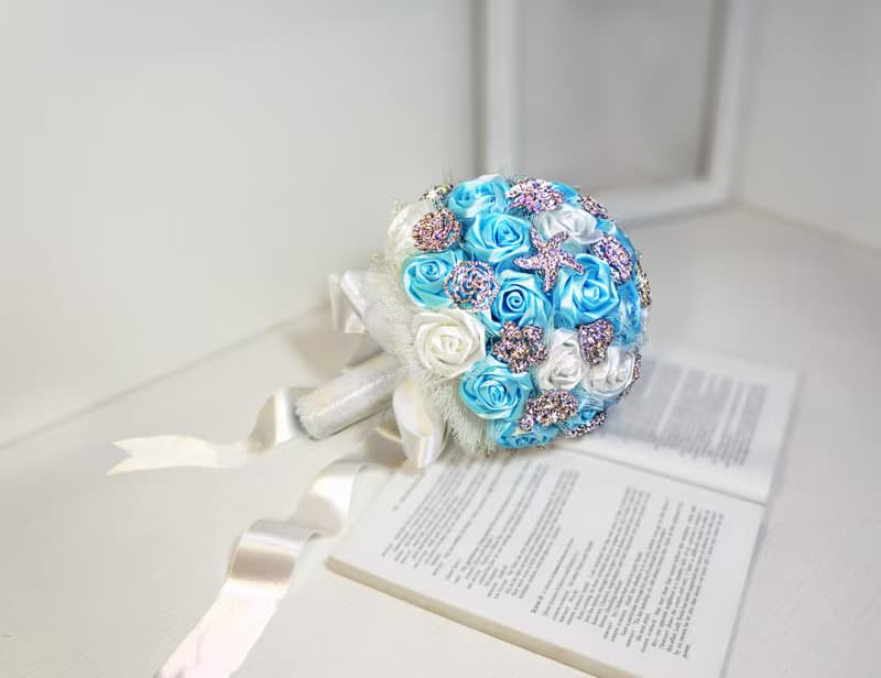 珠寶捧花-沁涼海灘藍 手工 珍珠緞帶水鑽花束 手捧花