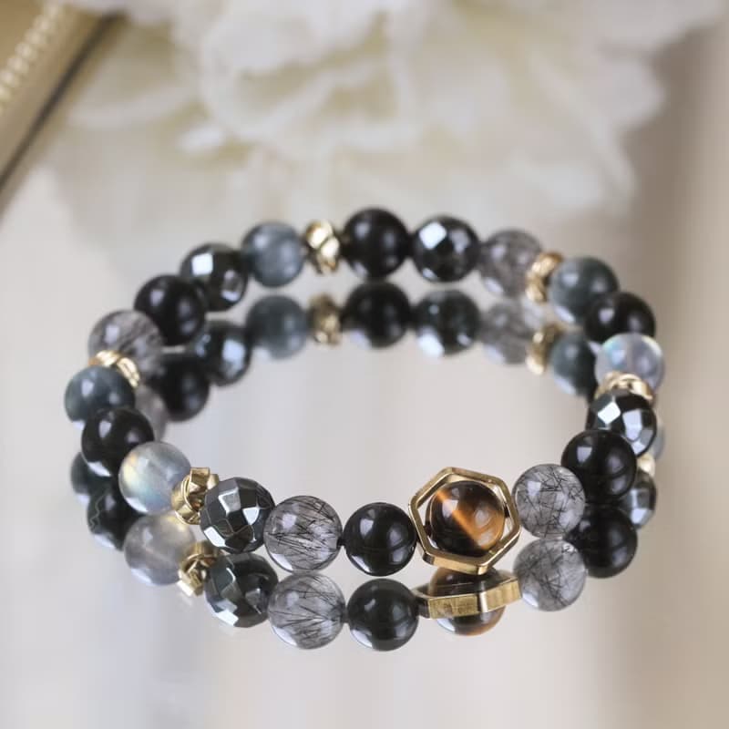 黑曜石 黑髮晶 拉長石 虎眼石 8mm健康避邪 男款水晶手鍊。黑鷹