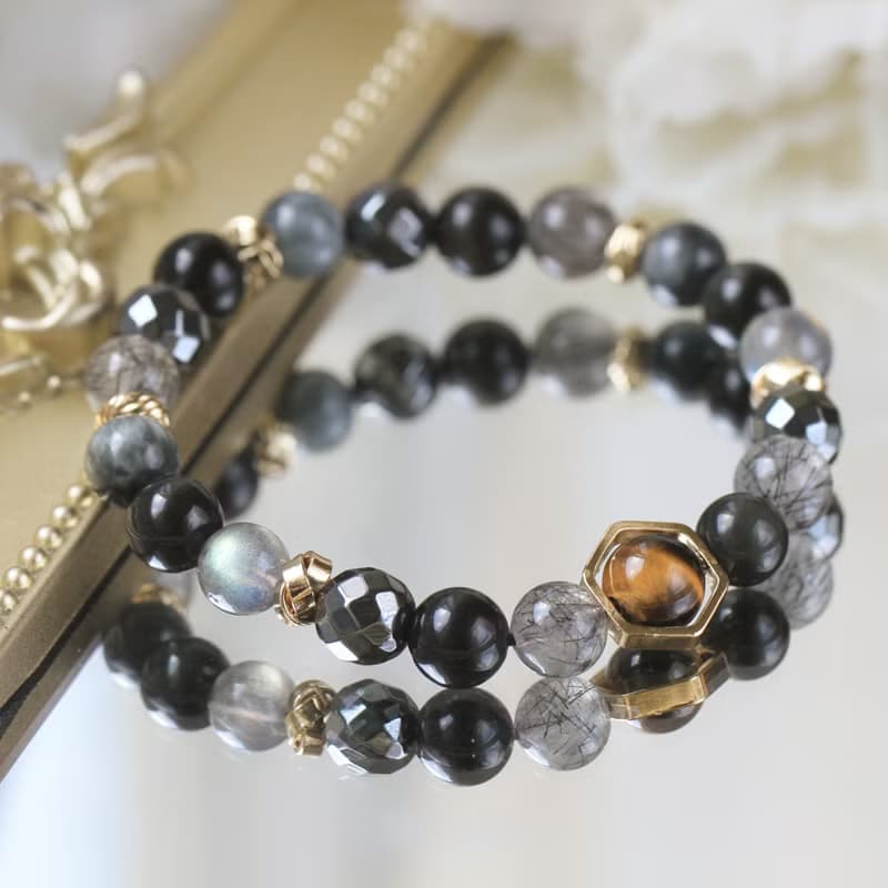 黑曜石 黑髮晶 拉長石 虎眼石 8mm健康避邪 男款水晶手鍊。黑鷹