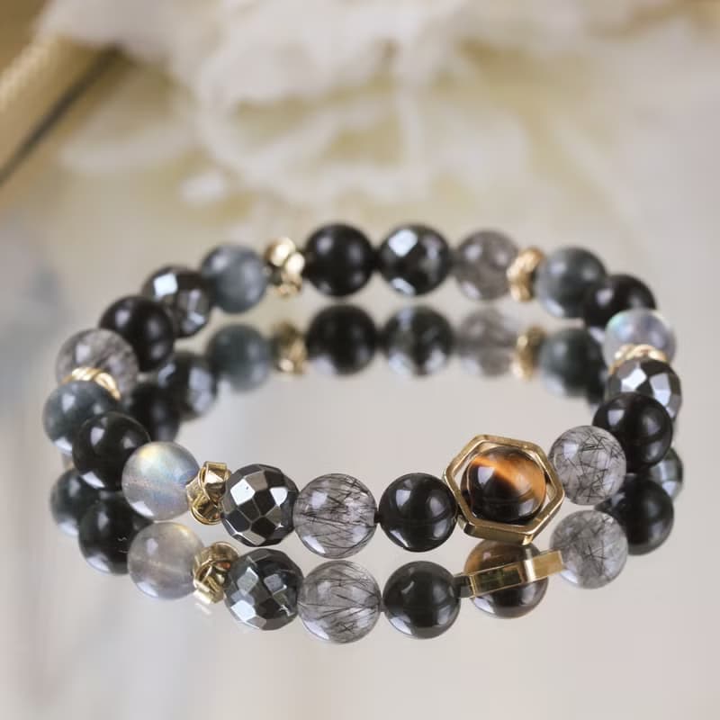 黑曜石 黑髮晶 拉長石 虎眼石 8mm健康避邪 男款水晶手鍊。黑鷹