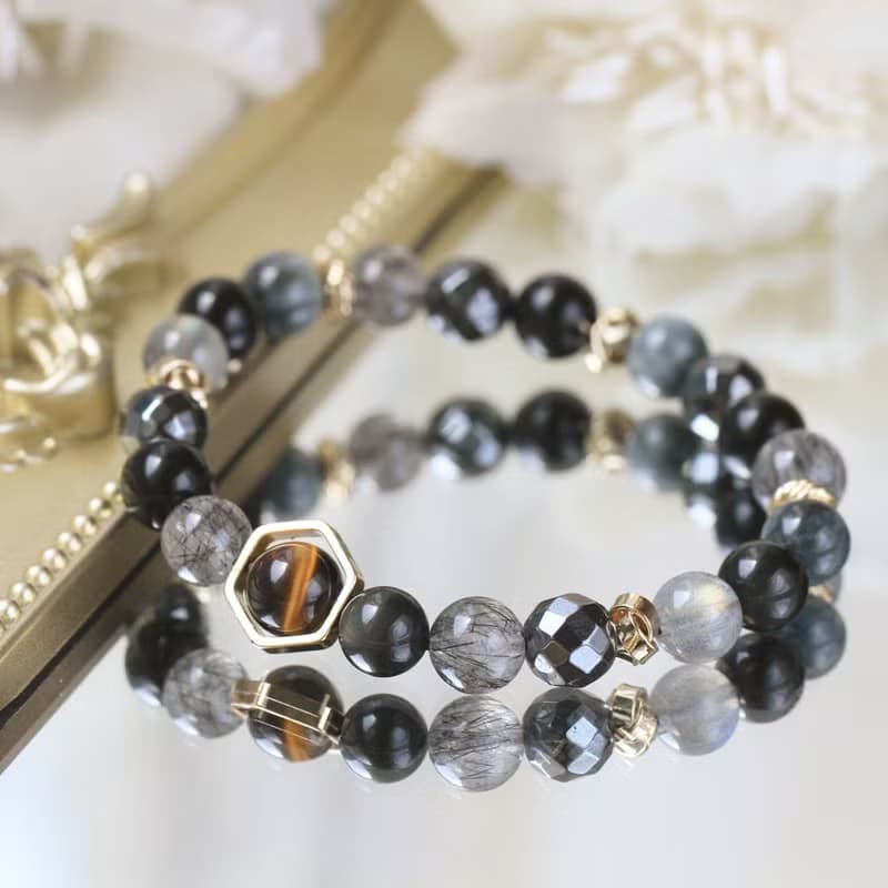 黑曜石 黑髮晶 拉長石 虎眼石 8mm健康避邪 男款水晶手鍊。黑鷹
