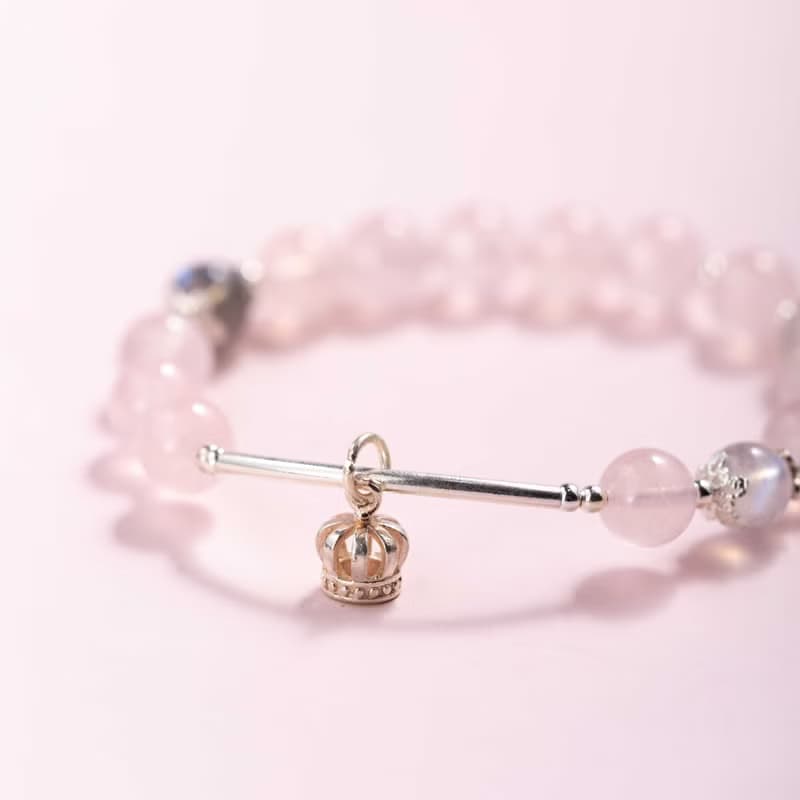 粉水晶月光石拉長石925純銀手鍊 | 天然水晶手鍊禮物