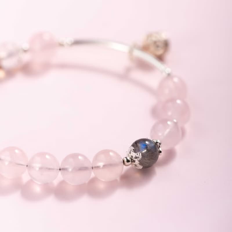 粉水晶月光石拉長石925純銀手鍊 | 天然水晶手鍊禮物