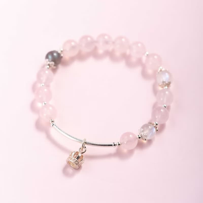 粉水晶月光石拉長石925純銀手鍊 | 天然水晶手鍊禮物