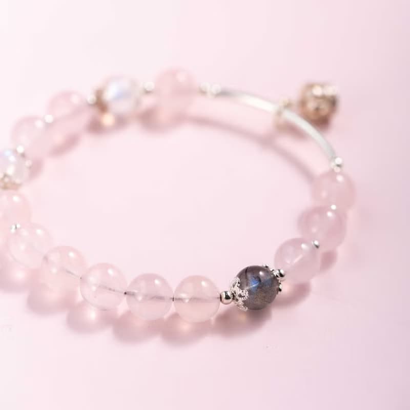 粉水晶月光石拉長石925純銀手鍊 | 天然水晶手鍊禮物