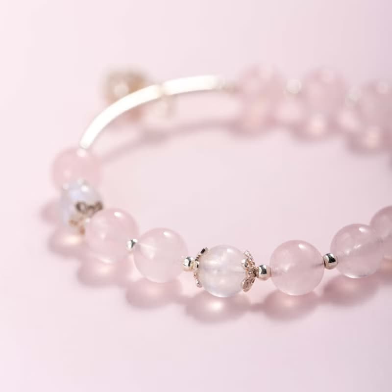 粉水晶月光石拉長石925純銀手鍊 | 天然水晶手鍊禮物