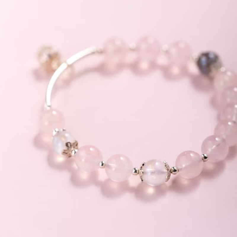 粉水晶月光石拉長石925純銀手鍊 | 天然水晶手鍊禮物