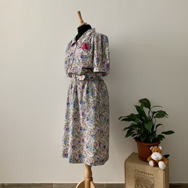 80年代 義大利製造 鄉村風碎花洋裝