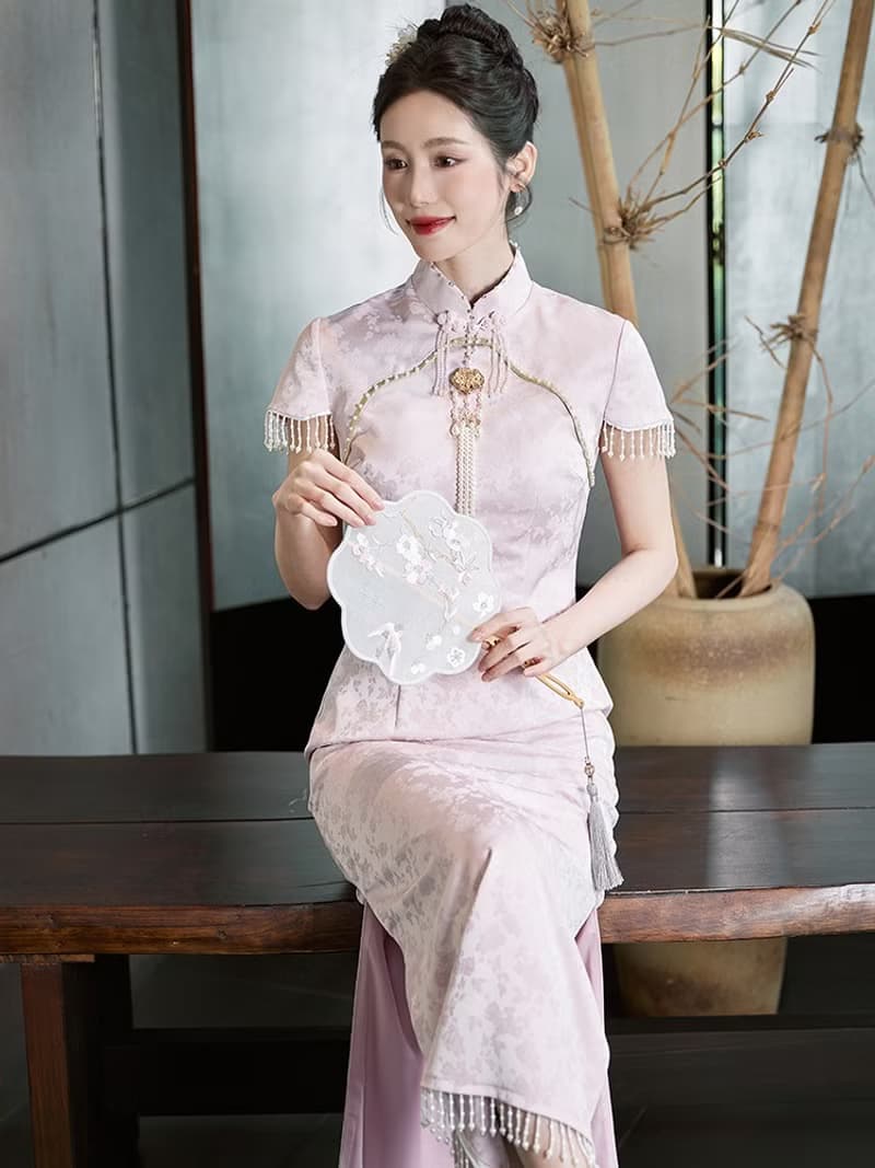 錦韻 淡粉色流珠結婚禮服旗袍 復古改良新中式國風洋裝禮服