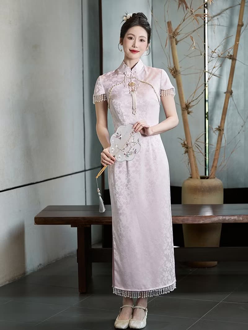 錦韻 淡粉色流珠結婚禮服旗袍 復古改良新中式國風洋裝禮服