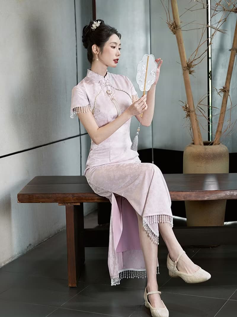 錦韻 淡粉色流珠結婚禮服旗袍 復古改良新中式國風洋裝禮服