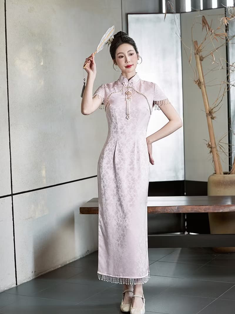 錦韻 淡粉色流珠結婚禮服旗袍 復古改良新中式國風洋裝禮服