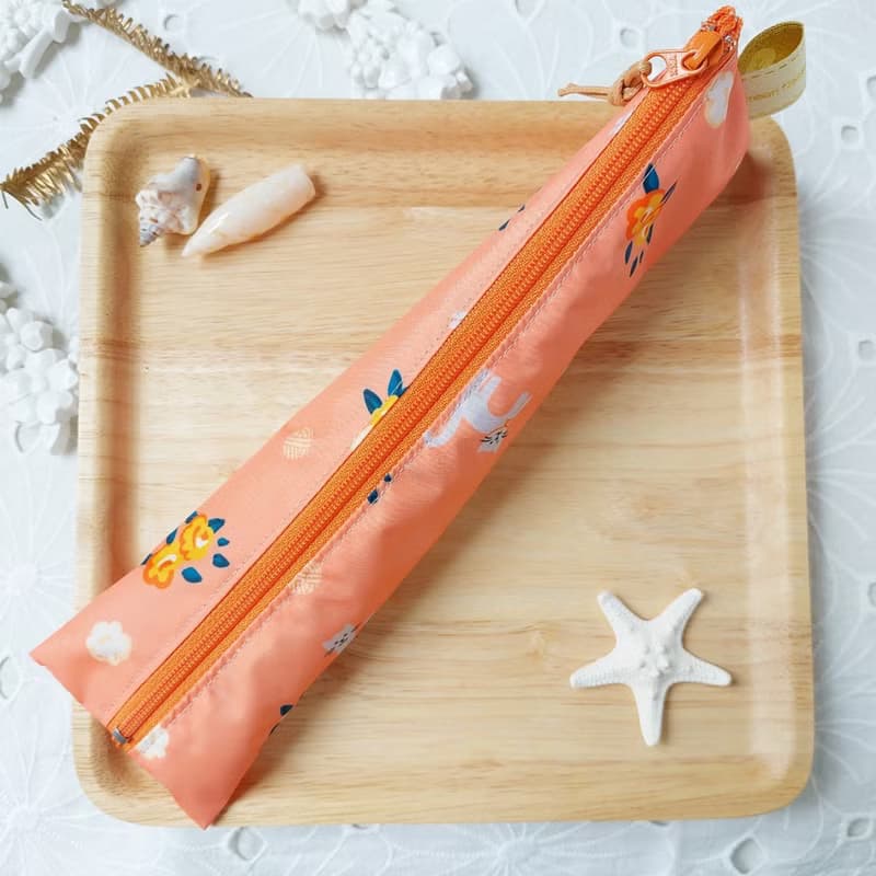 韓國亮橘色貓咪防水布拉鍊立體餐具袋