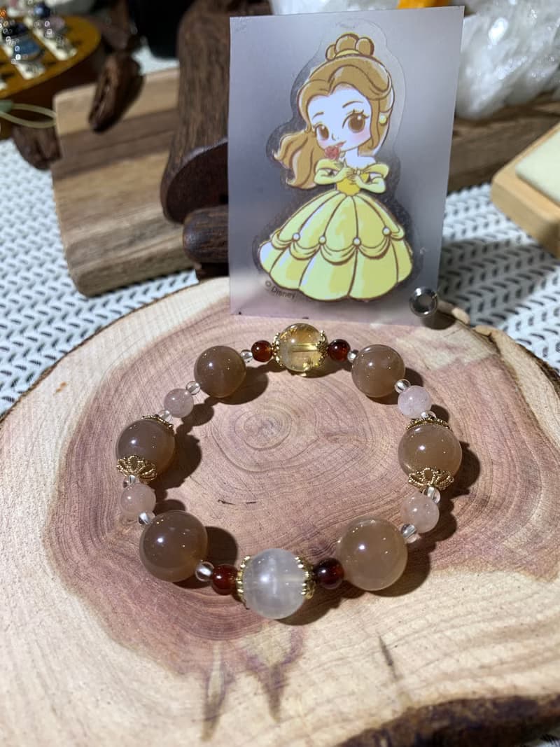 水晶能量手鍊 貝兒公主 princess Belle 橙月光 粉兔毛 月光石