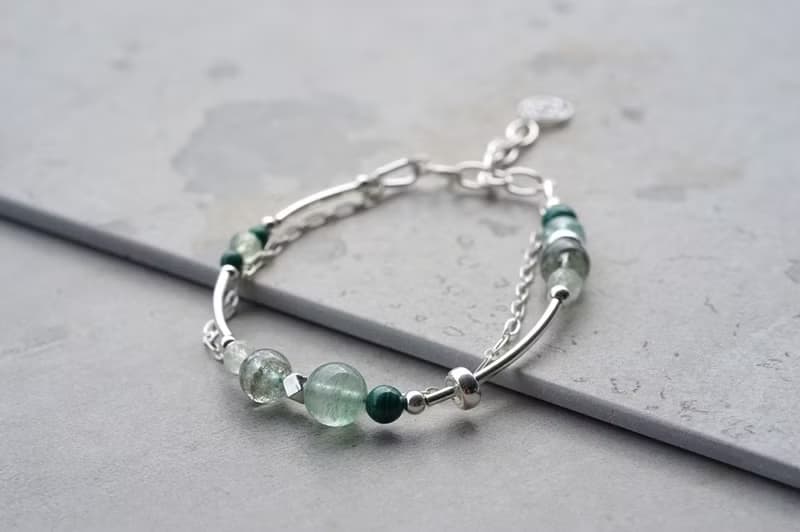 森 - 綠幽靈 綠草莓晶 孔雀石 葡萄石 925純銀 雙鍊手鍊