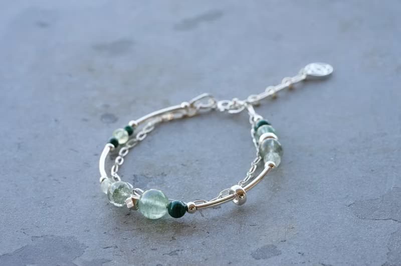 森 - 綠幽靈 綠草莓晶 孔雀石 葡萄石 925純銀 雙鍊手鍊