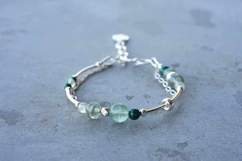 森 - 綠幽靈 綠草莓晶 孔雀石 葡萄石 925純銀 雙鍊手鍊