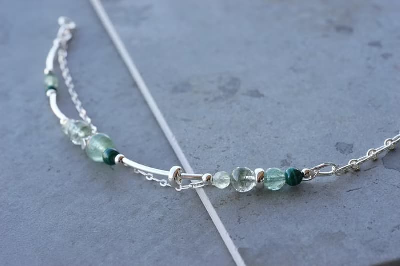 森 - 綠幽靈 綠草莓晶 孔雀石 葡萄石 925純銀 雙鍊手鍊