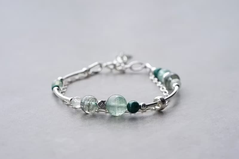 森 - 綠幽靈 綠草莓晶 孔雀石 葡萄石 925純銀 雙鍊手鍊