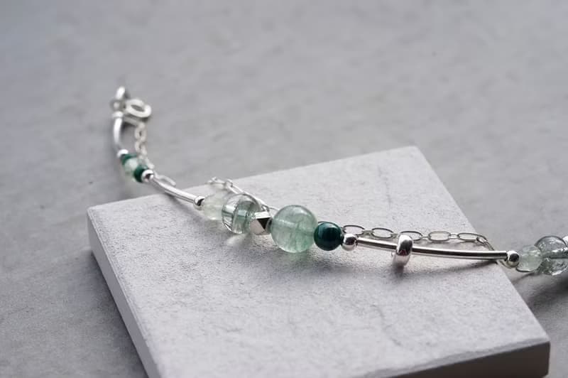 森 - 綠幽靈 綠草莓晶 孔雀石 葡萄石 925純銀 雙鍊手鍊