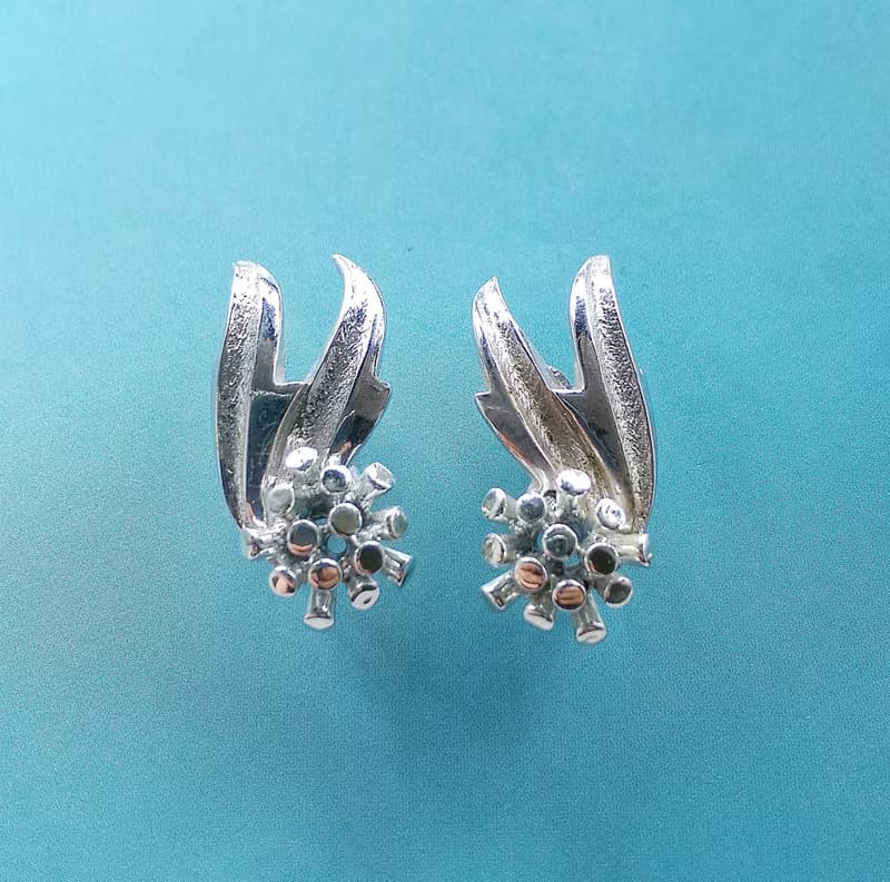 Vintage Jewelry 西洋古董飾品 Marboux 銀色調 花葉 夾式耳環