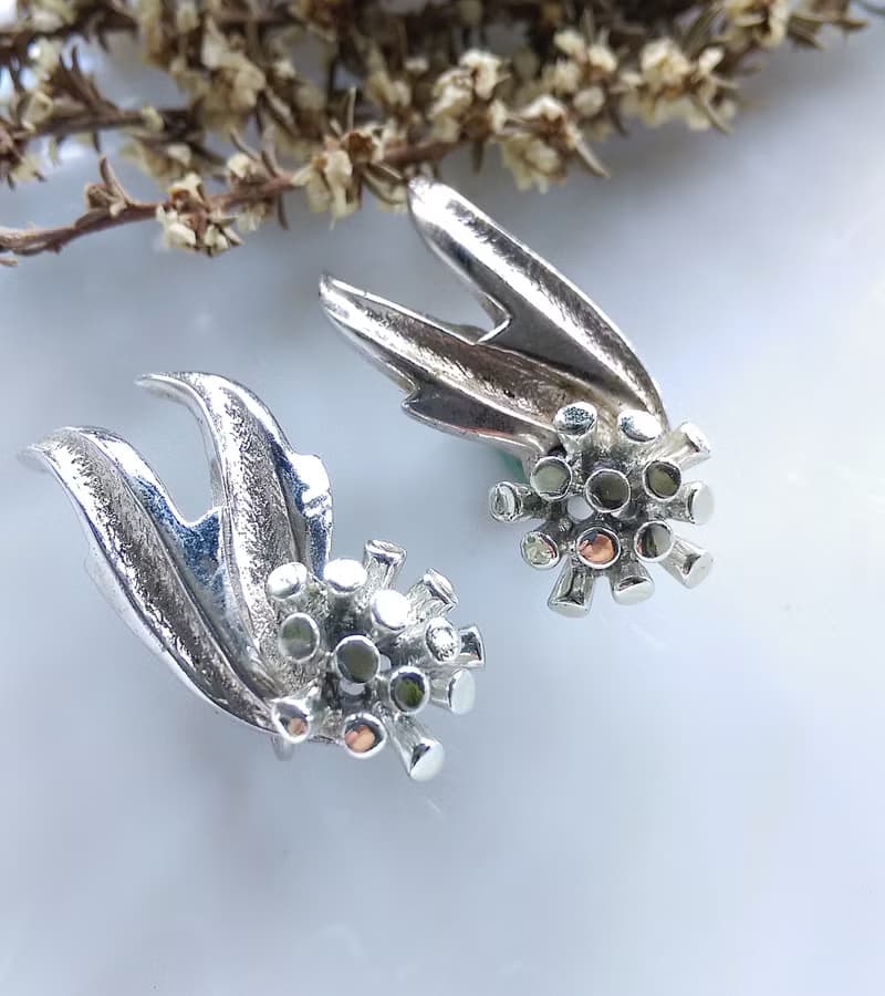Vintage Jewelry 西洋古董飾品 Marboux 銀色調 花葉 夾式耳環