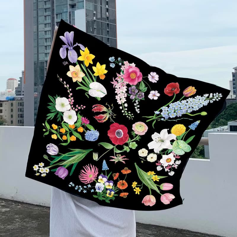 Scarf : silk satin ttq floral scarf : MIDNIGHT