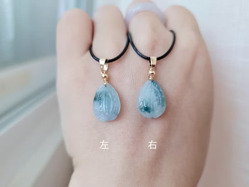 【親翠】天然翡翠 冰牛仔藍飄花杏仁果14K金皮繩鎖骨鏈　特殊題材