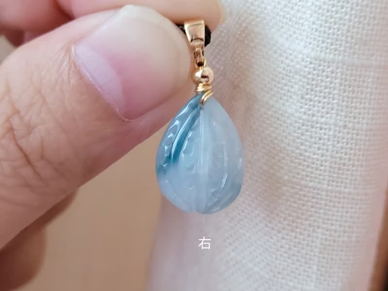 【親翠】天然翡翠 冰牛仔藍飄花杏仁果14K金皮繩鎖骨鏈　特殊題材