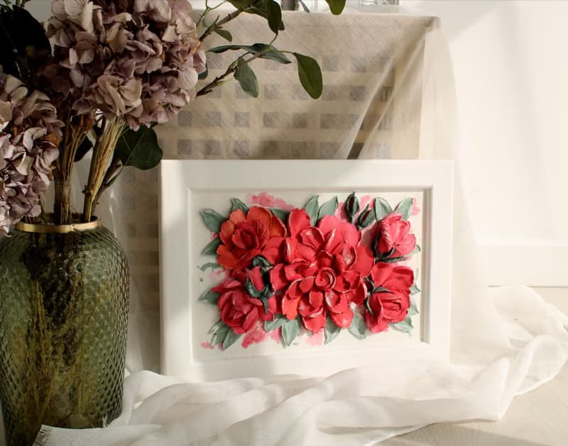 Red rose bouquet textured painting, flowers artwork, 3d painting