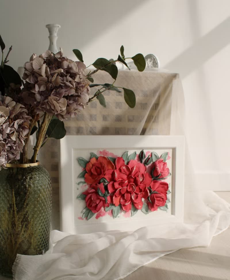 Red rose bouquet textured painting, flowers artwork, 3d painting