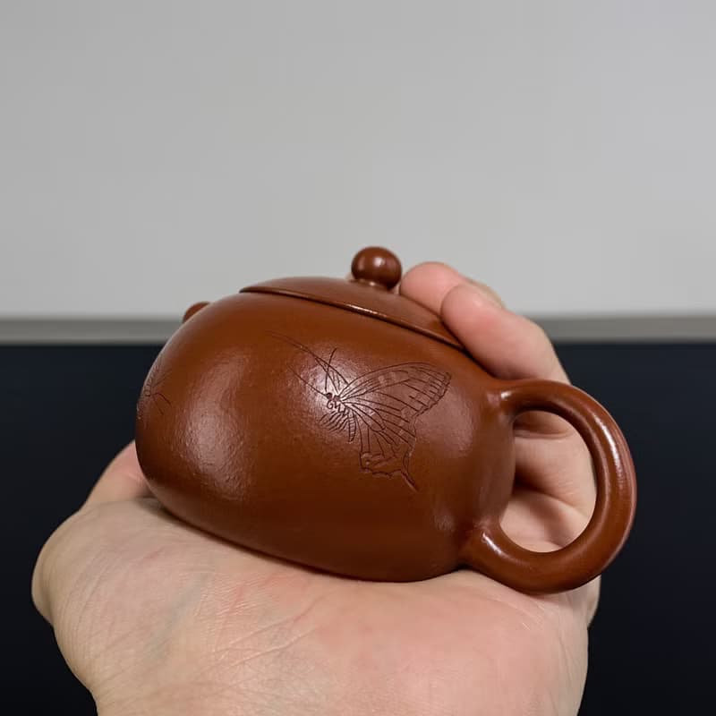 送禮紫砂壺茶壺西施 朱泥 刻蝴蝶 100cc 经典器 圆润可爱 纯正朱