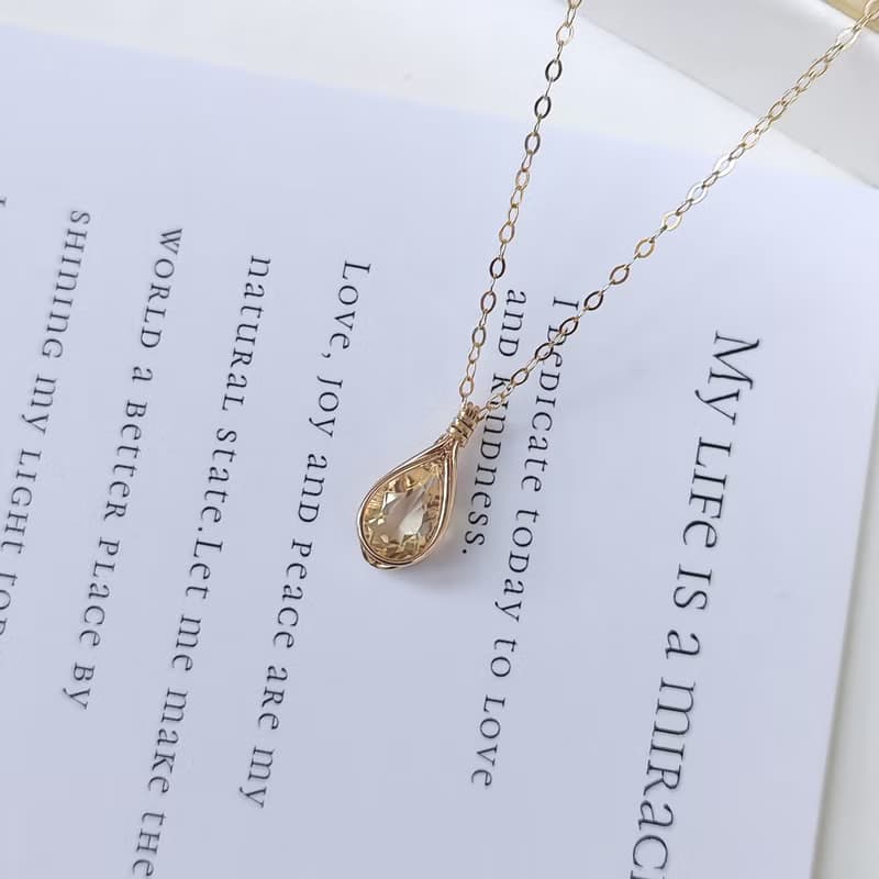 天然黃水晶項鍊吊墜切面水滴黃水晶14kGF簡約風格項鏈