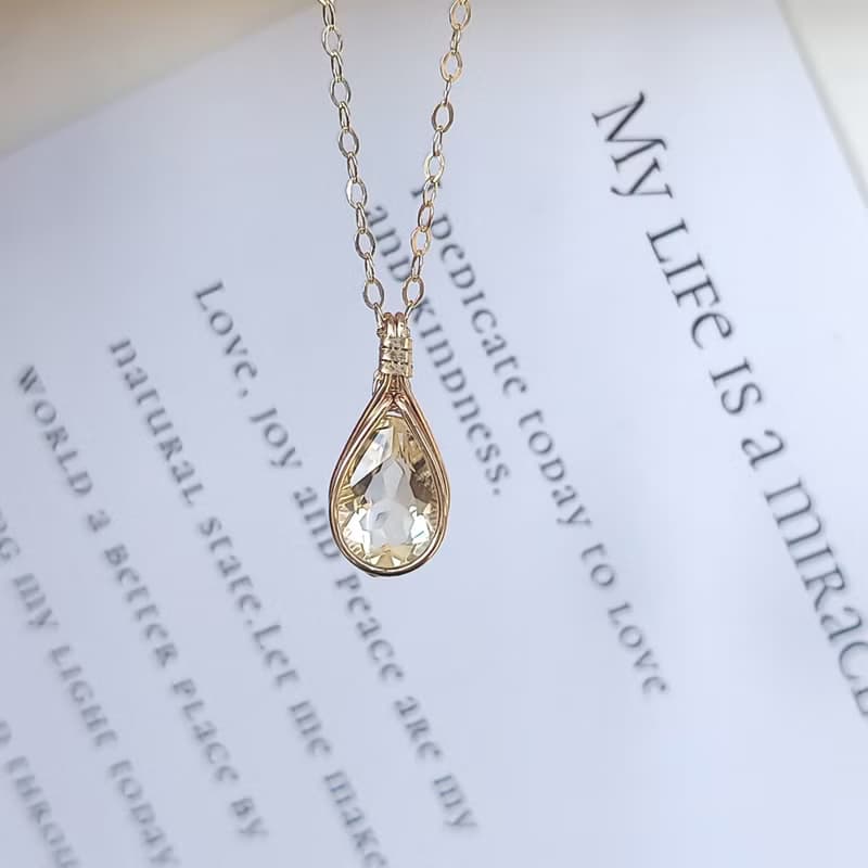 天然黃水晶項鍊吊墜切面水滴黃水晶14kGF簡約風格項鏈