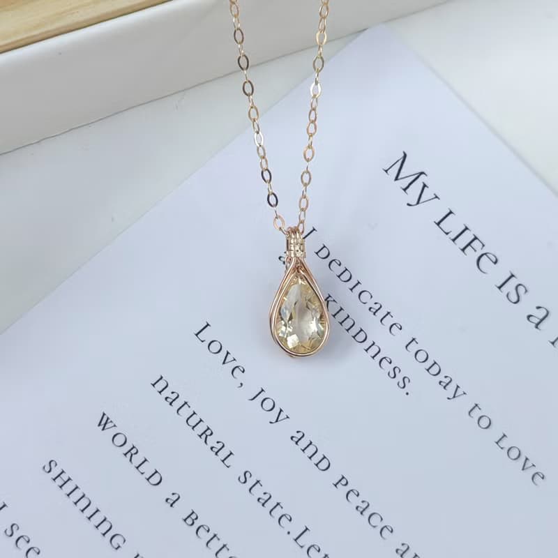 天然黃水晶項鍊吊墜切面水滴黃水晶14kGF簡約風格項鏈