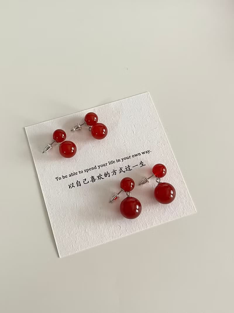 新年紅 天然紅瑪瑙S925銀耳環 極簡經典