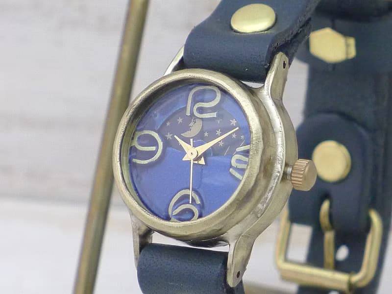 EVE-B-S&M  ブルー文字盤 22mmBrass(真鍮) Sun&Moon 手作り腕時計 (234S&M)