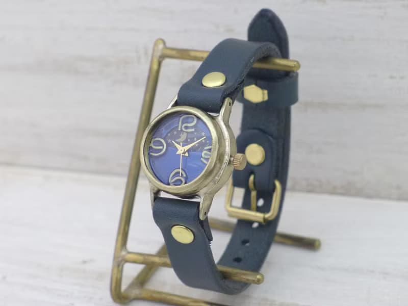 EVE-B-S&M  ブルー文字盤 22mmBrass(真鍮) Sun&Moon 手作り腕時計 (234S&M)
