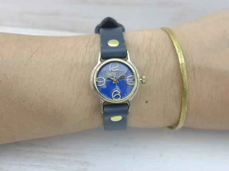 EVE-B-S&M  ブルー文字盤 22mmBrass(真鍮) Sun&Moon 手作り腕時計 (234S&M)