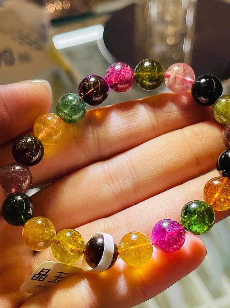 老礦濃色天然碧璽9mm25.10g大珠色標紅水晶手鍊招財事業人緣桃花