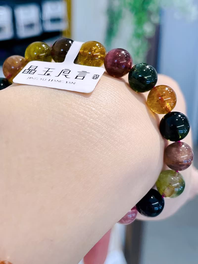 老礦濃色天然碧璽9mm25.10g大珠色標紅水晶手鍊招財事業人緣桃花